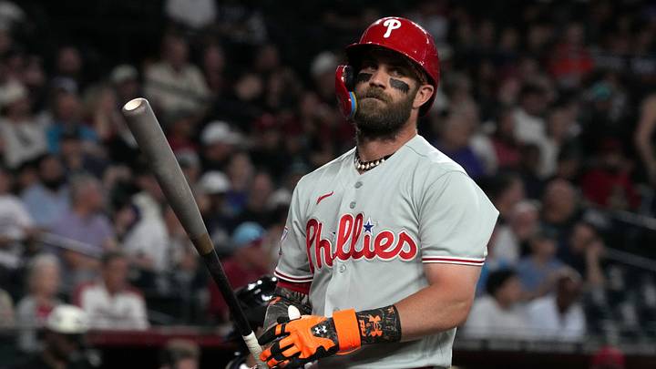 Sep 1, 2026; Phoenix, Arizona, USA; Philadelphia Phillies first baseman Bryce Harper (3) reacts after missing a pitch against the Arizona Diamondbacks in the first inning at Chase Field. Mandatory Credit: Rick Scuteri-Imagn Images Sep 1, 2026; Phoenix, Arizona, USA; Philadelphia Phillies first baseman Bryce Harper (3) reacts after missing a pitch against the Arizona Diamondbacks in the first inning at Chase Field. Mandatory Credit: Rick Scuteri-Imagn Images