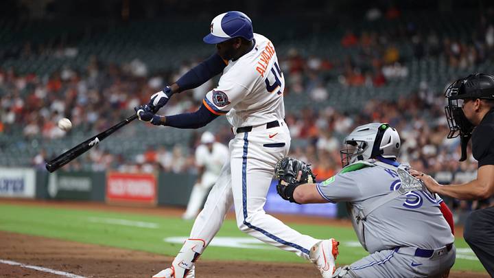 Aug 3, 2026; Houston, Texas, USA; Houston Astros designated hitter Yordan Alvarez (44) bats during the third inning against the Toronto Blue Jays at Daikin Park. Mandatory Credit: Troy Taormina-Imagn Images