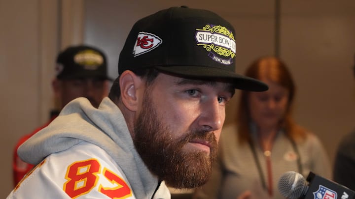 Feb 5, 2025; New Orleans, LA, USA; Kansas City Chiefs tight end Travis Kelce (87) in a press conference ahead of Super Bowl LIX at New Orleans Marriott. Mandatory Credit: Kirby Lee-Imagn Images