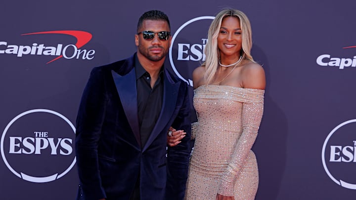Jul 16, 2025; Los Angeles, CA, USA; Russell Wilson and Ciara on the red carpet before the ESPYS at The Dolby Theatre. Mandatory Credit: Kirby Lee-Imagn Images