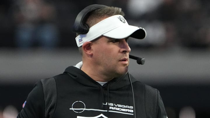 Jan 7, 2023; Paradise, Nevada, USA; Las Vegas Raiders coach Josh McDaniels watches from the sidelines against the Kansas City Chiefs in the first half at Allegiant Stadium. Mandatory Credit: Kirby Lee-Imagn Images