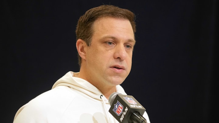 Feb 25, 2025; Indianapolis, IN, USA; Kansas City Chiefs general manager Brett Veach speaks during the NFL Scouting Combine at the Indiana Convention Center. Mandatory Credit: Kirby Lee-Imagn Images