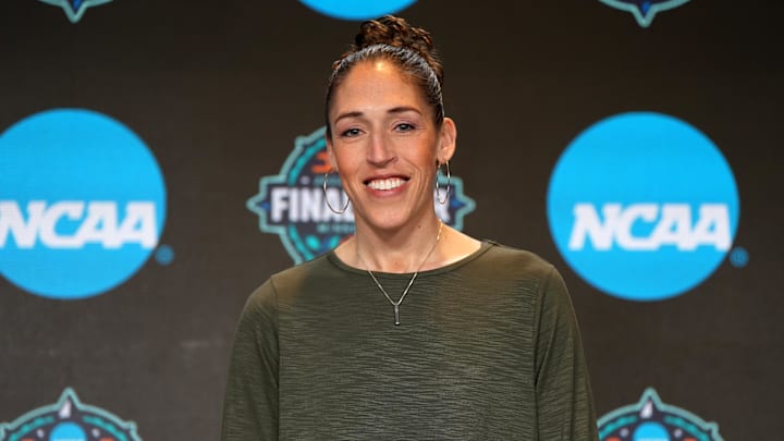 Mar 31, 2022; Minneapolis, MN, USA; ESPN analyst Rebecca Lobo poses during NCAA Womens Final Four press conference at Target Center. Mandatory Credit: Kirby Lee-Imagn Images