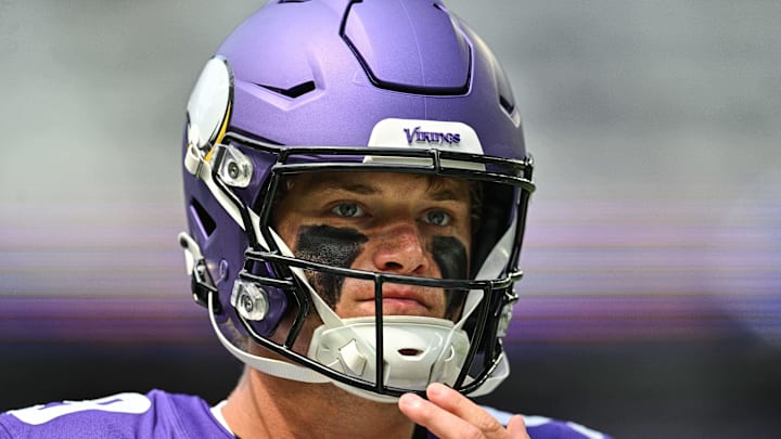 Aug 9, 2025; Minneapolis, Minnesota, USA; Minnesota Vikings quarterback J.J. McCarthy (9) warms up before the game against the Houston Texans at U.S. Bank Stadium. Aug 9, 2025; Minneapolis, Minnesota, USA; Minnesota Vikings quarterback J.J. McCarthy (9) warms up before the game against the Houston Texans at U.S. Bank Stadium.