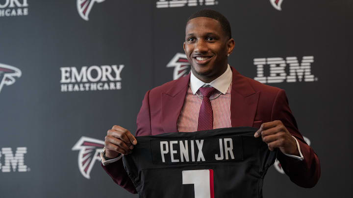 Apr 26, 2024; Flowery Branch, GA, USA; Atlanta Falcons first round draft pick quarterback Michael