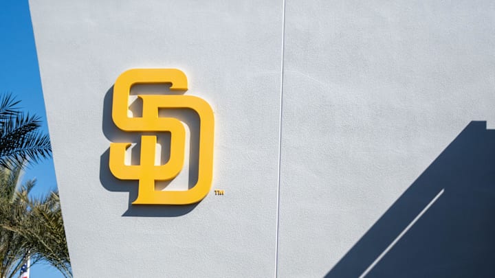 Feb 18, 2024; Peoria, AZ, USA; A general view of the San Diego Padres logo and clubhouse during a workout day at Peoria Sports Complex. Mandatory Credit: Allan Henry-Imagn Images