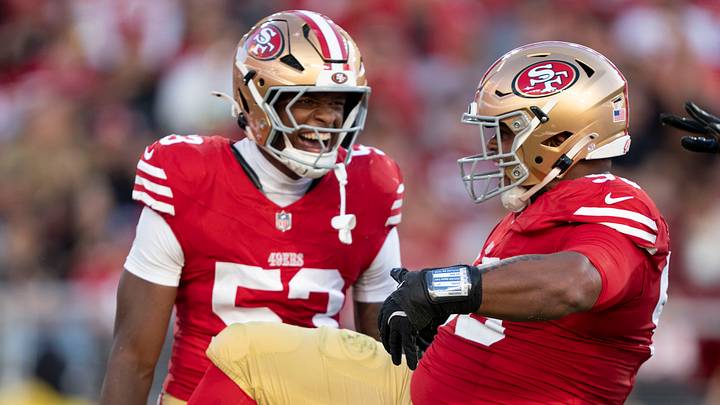 August 13, 2026; Santa Clara, California, USA; San Francisco 49ers defensive tackle Gracen Halton (93) celebrates with linebacker Jaden Dugger (53) after a defensive stop during the second quarter against the Tennessee Titans at Levi's Stadium. Mandatory Credit: Kyle Terada-Imagn Images August 13, 2026; Santa Clara, California, USA; San Francisco 49ers defensive tackle Gracen Halton (93) celebrates with linebacker Jaden Dugger (53) after a defensive stop during the second quarter against the Tennessee Titans at Levi's Stadium. Mandatory Credit: Kyle Terada-Imagn Images
