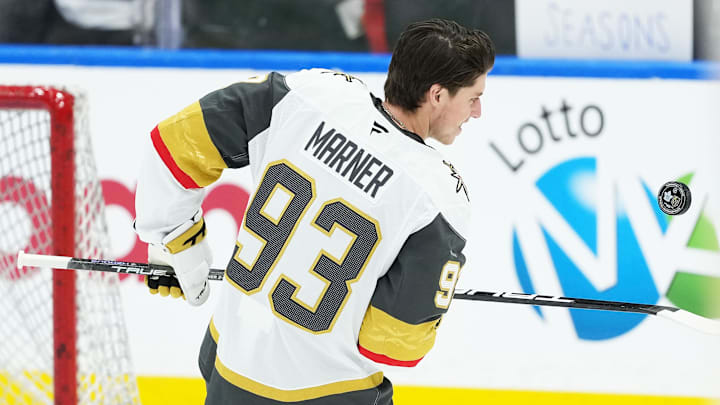 Jan 23, 2026; Toronto, Ontario, CAN; Vegas Golden Knights right wing Mitch Marner (93) skates with the puck during the warmup before a game against the Toronto Maple Leafs at Scotiabank Arena. Mandatory Credit: Nick Turchiaro-Imagn Images
