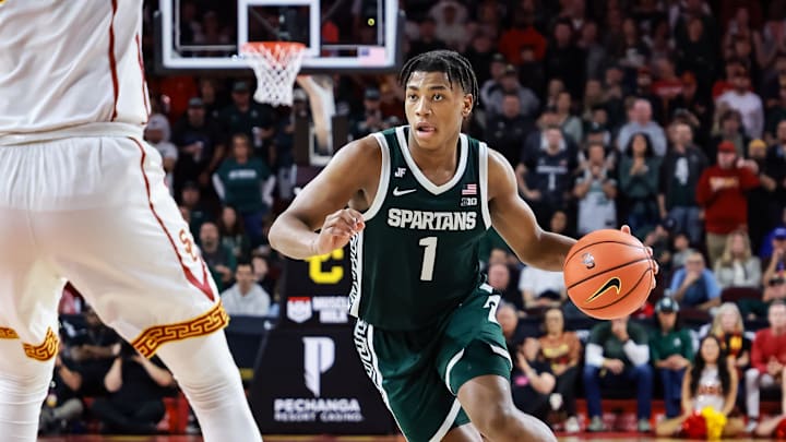 Feb 1, 2025; Los Angeles, California, USA; Michigan State Spartans guard Jeremy Fears Jr. (1) dribbles the ball against the USC Trojans during the second half push at Galen Center. Mandatory Credit: William Navarro-Imagn Images Feb 1, 2025; Los Angeles, California, USA; Michigan State Spartans guard Jeremy Fears Jr. (1) dribbles the ball against the USC Trojans during the second half push at Galen Center. Mandatory Credit: William Navarro-Imagn Images