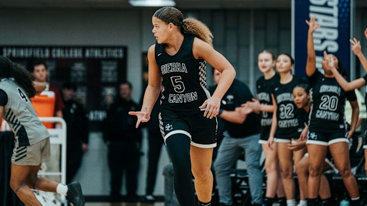 Jerzy Robinson of Sierra Canyon (CA) celebrates after hitting a 3-pointer against Long Island Lutheran at the 2026 Hoophall Classic. Jerzy Robinson of Sierra Canyon (CA) celebrates after hitting a 3-pointer against Long Island Lutheran at the 2026 Hoophall Classic.
