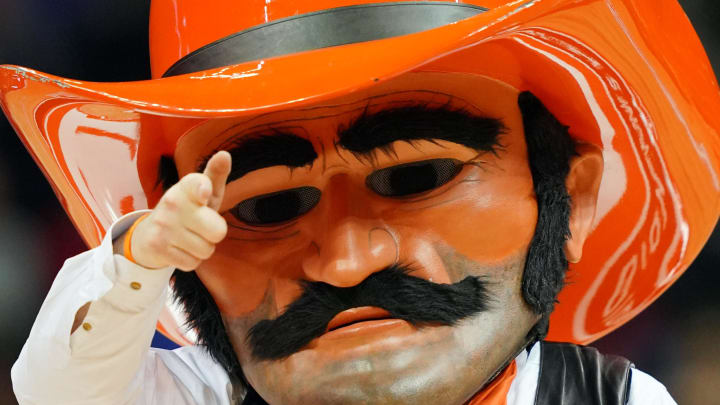 Mar 11, 2020; Kansas City, Missouri, USA; Oklahoma State Cowboys mascot Pistol Pete Mar 11, 2020; Kansas City, Missouri, USA; Oklahoma State Cowboys mascot Pistol Pete
