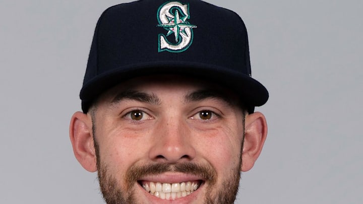 Seattle Mariners Carter Bins #63 poses during media day at the Peoria Sports Complex in 2021.
