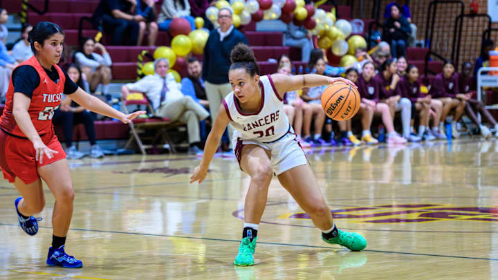 Salpointe Catholic (white uniforms) defeated Tucson High Magnet 69-39 on Feb. 6