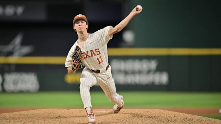 Texas left handed pitcher Kade Bing tosses a pitch on the mound