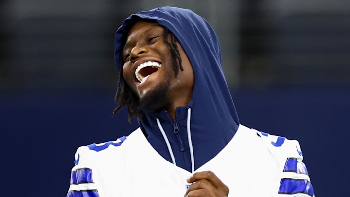 Dallas Cowboys wide receiver George Pickens laughs before the game against the Atlanta Falcons at AT&T Stadium. 