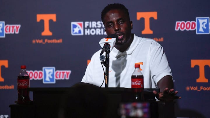 University of Tennessee football's defensive coordinator Tim Banks speaks to the press on media day at the campus in Knoxville, Tuesday, July 30, 2024. University of Tennessee football's defensive coordinator Tim Banks speaks to the press on media day at the campus in Knoxville, Tuesday, July 30, 2024.