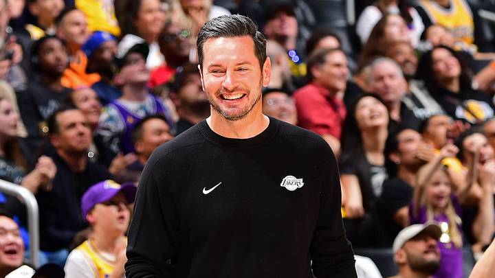 LOS ANGELES, CA - APRIL 10: Head Coach JJ Redick of the Los Angeles Lakers smiles during the game against the Phoenix Suns on April 10, 2026 at Crypto.Com Arena in Los Angeles, California. Copyright 2026 NBAE (Photo by Adam Pantozzi/NBAE via Getty Images)