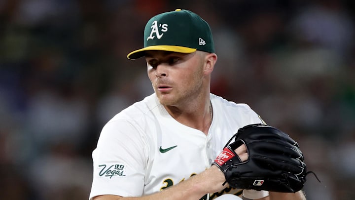 Athletics pitcher Sean Newcomb (31) throws against the Cleveland Guardians at Sutter Health Park. 