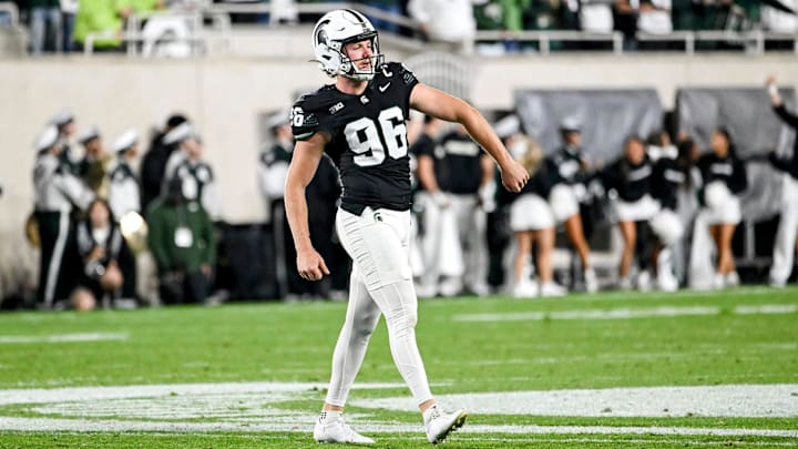 Michigan State's Ryan Eckley celebrates after a deep punt against Boston College during the fourth quarter on Saturday, Sept. 6, 2025, at Spartan Stadium in East Lansing.