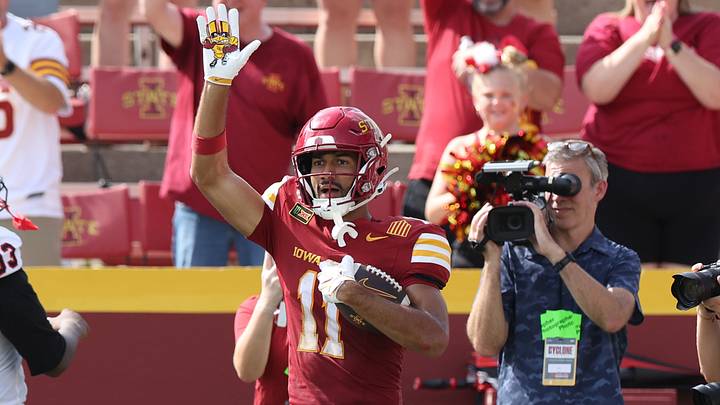 Sep 5, 2026; Ames, Iowa, USA; Iowa State Cyclones wide receiver Dominic Overby (11) celebrates after catching a pass while defended by Southeast Missouri State Redhawks safety Jayden Smitherman (26) at Jack Trice Stadium. Mandatory Credit: Reese Strickland-Imagn Images Sep 5, 2026; Ames, Iowa, USA; Iowa State Cyclones wide receiver Dominic Overby (11) celebrates after catching a pass while defended by Southeast Missouri State Redhawks safety Jayden Smitherman (26) at Jack Trice Stadium. Mandatory Credit: Reese Strickland-Imagn Images