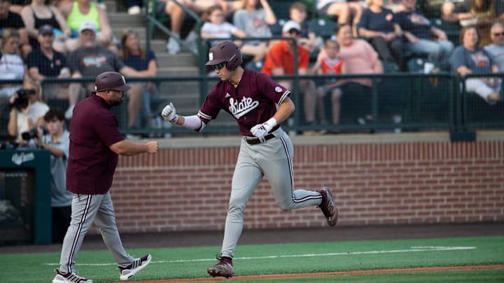 Mississippi State Bulldogs' Ace Reese (3) celebrates his home run as Auburn Tigers baseball takes on Mississippi State Bulldogs at Plainsman Park in Auburn, Ala., on Friday, April 25, 2025.
