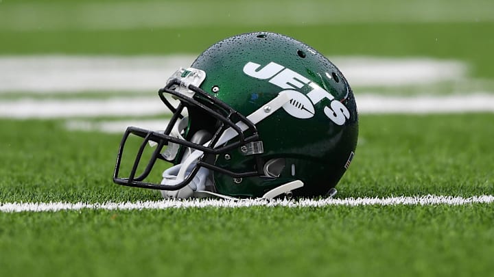 Dec 29, 2019; Orchard Park, New York, USA; General view of a New York Jets helmet prior to the game against the Buffalo Bills at New Era Field. Mandatory Credit: Rich Barnes-Imagn Images