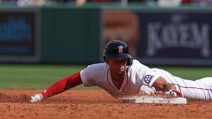 Apr 4, 2025; Boston, Massachusetts, USA; Boston Red Sox second baseman Kristian Campbell (28) steals second during the third inning against the St. Louis Cardinals at Fenway Park. Mandatory Credit: Paul Rutherford-Imagn Images Apr 4, 2025; Boston, Massachusetts, USA; Boston Red Sox second baseman Kristian Campbell (28) steals second during the third inning against the St. Louis Cardinals at Fenway Park. Mandatory Credit: Paul Rutherford-Imagn Images