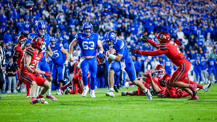 BYU quarterback Bear Bachmeier scores a touchdown against Utah BYU quarterback Bear Bachmeier scores a touchdown against Utah