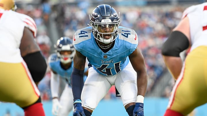 Aug 10, 2024; Nashville, Tennessee, USA;  Tennessee Titans linebacker Otis Reese IV (41) stares into the backfield against the San Francisco 49ers during the first half at Nissan Stadium.