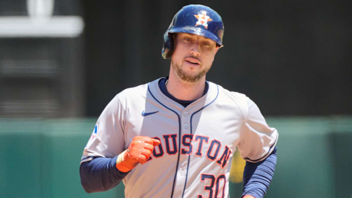 May 26, 2024; Oakland, California, USA; Houston Astros outfielder Kyle Tucker (30) runs the bases after hitting a two run home run against the Oakland Athletics during the fourth inning at Oakland-Alameda County Coliseum May 26, 2024; Oakland, California, USA; Houston Astros outfielder Kyle Tucker (30) runs the bases after hitting a two run home run against the Oakland Athletics during the fourth inning at Oakland-Alameda County Coliseum