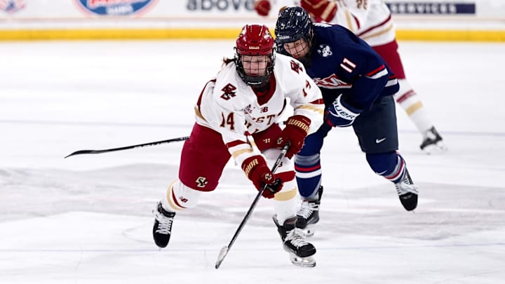 Sammy Taber breaks forward in a matchup with UConn during a matchup at Conte Forum
