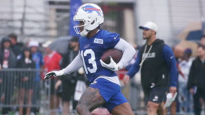 Buffalo Bills rookie wide receiver Skyler Bell turns up the field after a catch across the middle of the field during the opening day of Bills training camp at St. John Fisher University in Pittsford, New York, on Wednesday, July 29, 2026. Buffalo Bills rookie wide receiver Skyler Bell turns up the field after a catch across the middle of the field during the opening day of Bills training camp at St. John Fisher University in Pittsford, New York, on Wednesday, July 29, 2026.