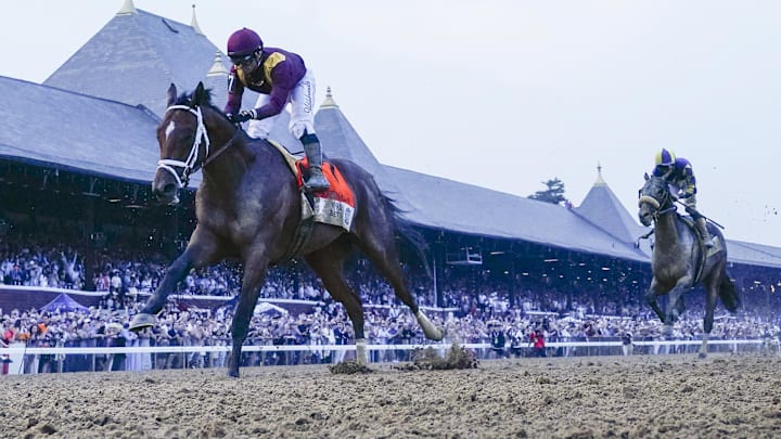 Jun 7, 2025; Saratoga, NY, USA;  Journalism with Umberto Rispoli up finishes second in the Belmont Stakes at Saratoga Race Course. 