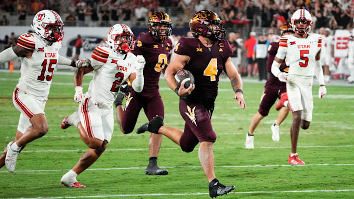 Arizona State Sun Devils running back Cam Skattebo (4) runs for a touchdown against the Utah Utes in the fourth quarter at Mountain America Stadium. Arizona State Sun Devils running back Cam Skattebo (4) runs for a touchdown against the Utah Utes in the fourth quarter at Mountain America Stadium.