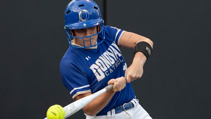 Donovan Emily Kurth at the plate. Donovan Catholic Softball defeats Mount St. Dominic 2-0 in NJSIAA Non-Public A softball final on June 3, 2022.

Dcstates220603u