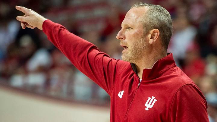 Indiana Head Coach Darian DeVries during the Indiana versus Marian men's basketball game at Simon Skjodt Assembly Hall on Friday, Oct. 17, 2025.
