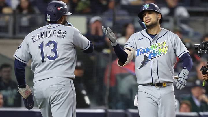 Oct 7, 2026; Bronx, New York, USA; Tampa Bay Rays outfielder Victor Mesa Jr. (25) celebrates with third baseman Junior Caminero (13) after hitting a two-run home run during the sixth inning against the New York Yankees in game three of the ALDS for the 2026 MLB Playoffs at Yankee Stadium. Mandatory Credit: Wendell Cruz-Imagn Images Oct 7, 2026; Bronx, New York, USA; Tampa Bay Rays outfielder Victor Mesa Jr. (25) celebrates with third baseman Junior Caminero (13) after hitting a two-run home run during the sixth inning against the New York Yankees in game three of the ALDS for the 2026 MLB Playoffs at Yankee Stadium. Mandatory Credit: Wendell Cruz-Imagn Images
