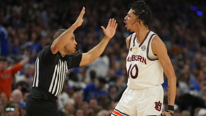 Apr 5, 2025; San Antonio, TX, USA; Auburn Tigers guard Chad Baker-Mazara (10) reacts against the Florida Gators in the semifinals of the men's Final Four of the 2025 NCAA Tournament at the Alamodome. Mandatory Credit: Robert Deutsch-Imagn Images Apr 5, 2025; San Antonio, TX, USA; Auburn Tigers guard Chad Baker-Mazara (10) reacts against the Florida Gators in the semifinals of the men's Final Four of the 2025 NCAA Tournament at the Alamodome. Mandatory Credit: Robert Deutsch-Imagn Images