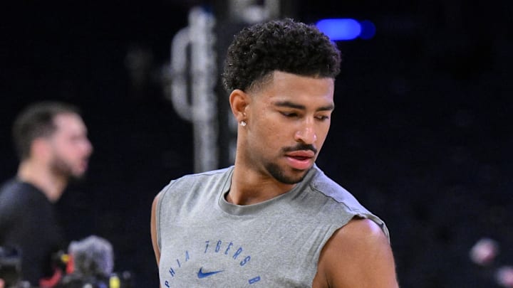 Apr 1, 2025; New York, New York, USA; Philadelphia 76ers guard Quentin Grimes (5) warms up before a game against the New York Knicks at Madison Square Garden. Mandatory Credit: John Jones-Imagn Images
