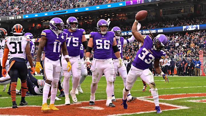 Aaron Jones spikes it in the end zone at Soldier Field in the 30-27 Vikings win over the Bears earlier this season. Aaron Jones spikes it in the end zone at Soldier Field in the 30-27 Vikings win over the Bears earlier this season.