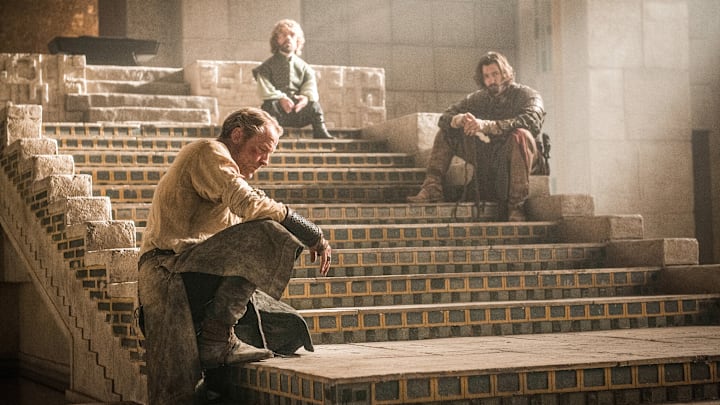 Tyrion Lannister (Peter Dinklage), Jorah Mormont (Iain Glen), and Daario Naharis (Michiel Huisman) in Game of Thrones season 5. Photograph courtesy of HBO.