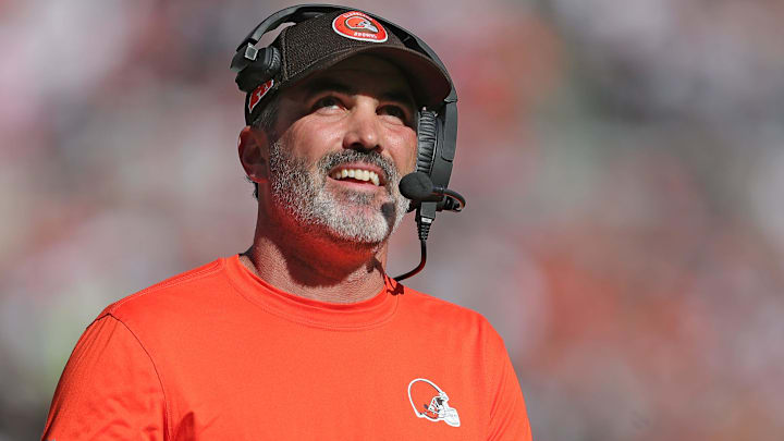 Cleveland Browns head coach Kevin Stefanski is all smiles as he watches running back Nick Chubb score a touchdown during the first half of an NFL football game at Huntington Bank Field.
