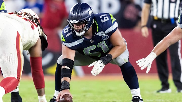 Sep 25, 2025; Glendale, Arizona, USA; Seattle Seahawks center Jalen Sundell (61) against the Arizona Cardinals at State Farm Stadium.