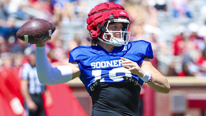 Oklahoma quarterback John Mateer throws during the Crimson Combine. Oklahoma quarterback John Mateer throws during the Crimson Combine.