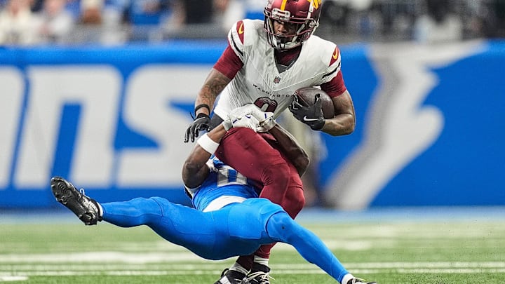 Detroit Lions cornerback Terrion Arnold Washington Commanders wide receiver Dyami Brown during the NFC divisional round.