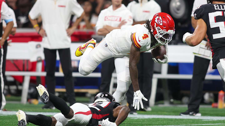 Sep 22, 2024; Atlanta, Georgia, USA; Kansas City Chiefs wide receiver Rashee Rice (4) runs after a catch against the Atlanta Falcons in the second quarter at Mercedes-Benz Stadium. Mandatory Credit: Brett Davis-Imagn Images Sep 22, 2024; Atlanta, Georgia, USA; Kansas City Chiefs wide receiver Rashee Rice (4) runs after a catch against the Atlanta Falcons in the second quarter at Mercedes-Benz Stadium. Mandatory Credit: Brett Davis-Imagn Images