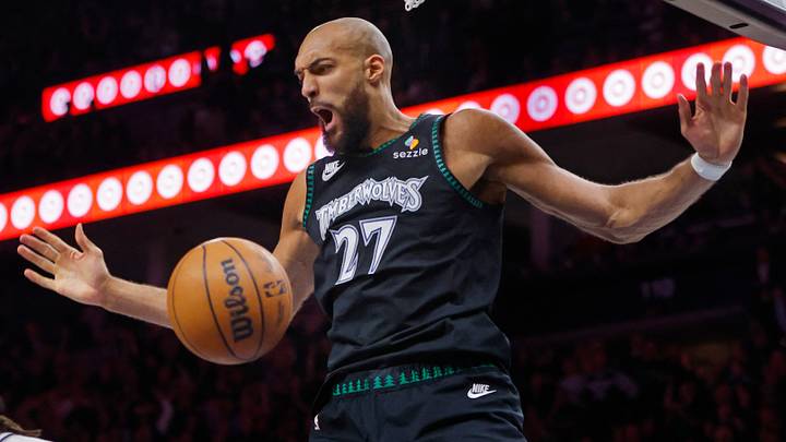 May 10, 2026; Minneapolis, Minnesota, USA; Minnesota Timberwolves center Rudy Gobert (27) dunks against the San Antonio Spurs in the fourth quarter of game four of the second round of the 2026 NBA Playoffs at Target Center. Mandatory Credit: Bruce Kluckhohn-Imagn Images