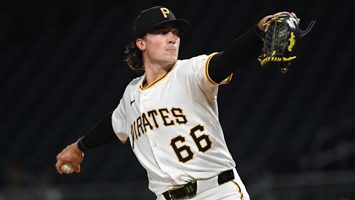 Jun 9, 2025; Pittsburgh, Pennsylvania, USA;   Pittsburgh Pirates relief pitcher Kyle Nicolas (66) in a game against the Miami Marlins at PNC Park. Mandatory Credit: Philip G. Pavely-Imagn Images