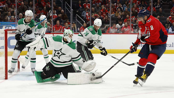 Oct 17, 2024; Washington, District of Columbia, USA; Dallas Stars goaltender Casey DeSmith (1) makes a save on Washington Capitals left wing Alex Ovechkin (8) in the third period at Capital One Arena. Mandatory Credit: Geoff Burke-Imagn Images