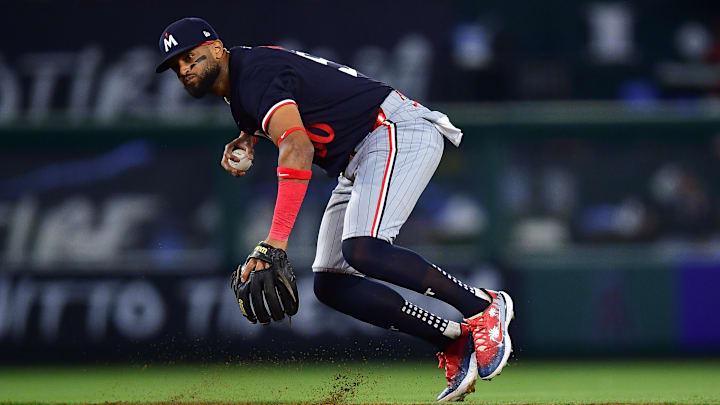 Apr 27, 2024; Anaheim, California, USA; Minnesota Twins shortstop Willi Castro (50) throws to first Apr 27, 2024; Anaheim, California, USA; Minnesota Twins shortstop Willi Castro (50) throws to first